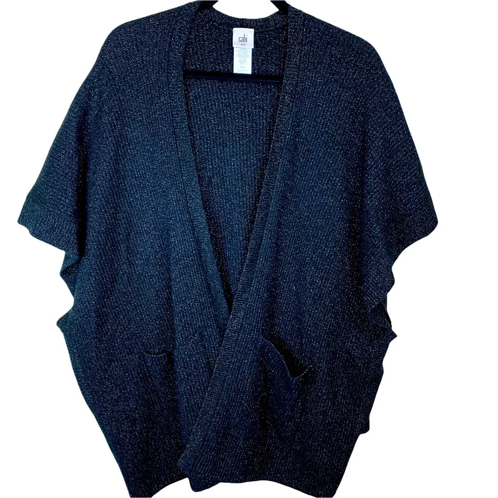 CAbi Luxury Poncho Wrap Cardigan Sweater Black Ribbed Glitter M/ L Style 4064 - Picture 2 of 11